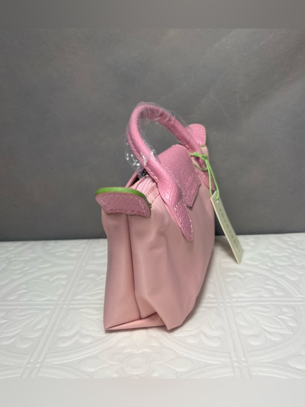 NWT Longchamp LE PLIAGE ORIGINAL POUCH WITH HANDLE Pink Tea Pink Leather Canvas - Picture 4 of 11